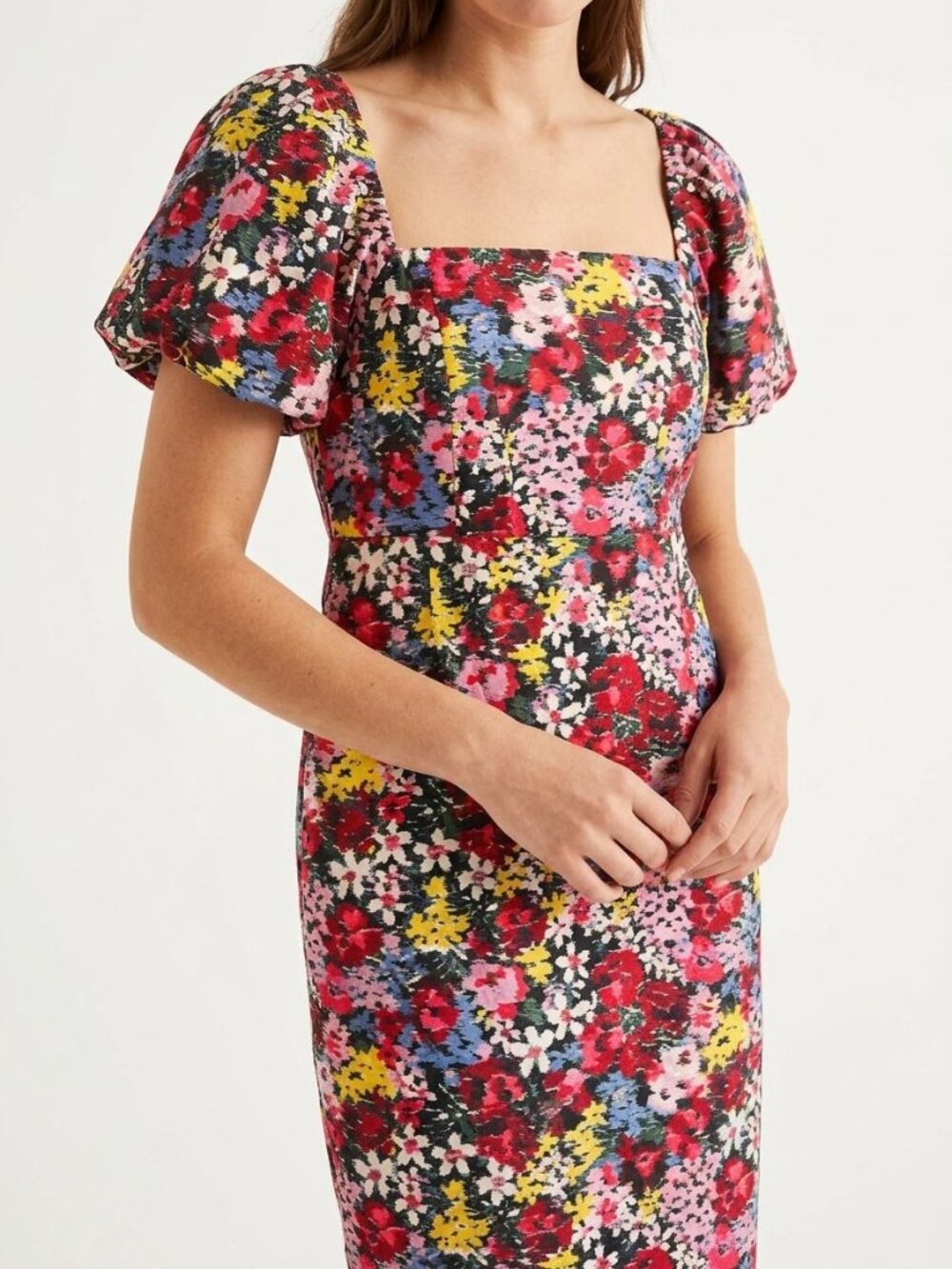 Boden Puff Sleeve Column Midi Dress Moire Bloom Multi Floral Square Neck | Size